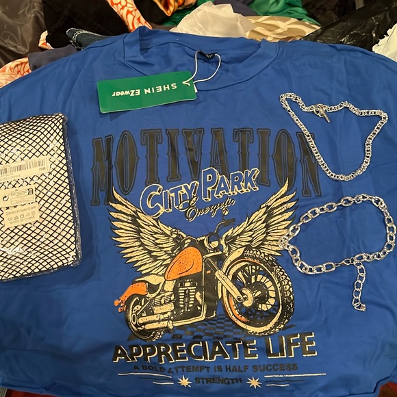 SHEIN Tops - Rock n roll Large motorcycle t shirt  2 silver chains and fish net hose all NWT